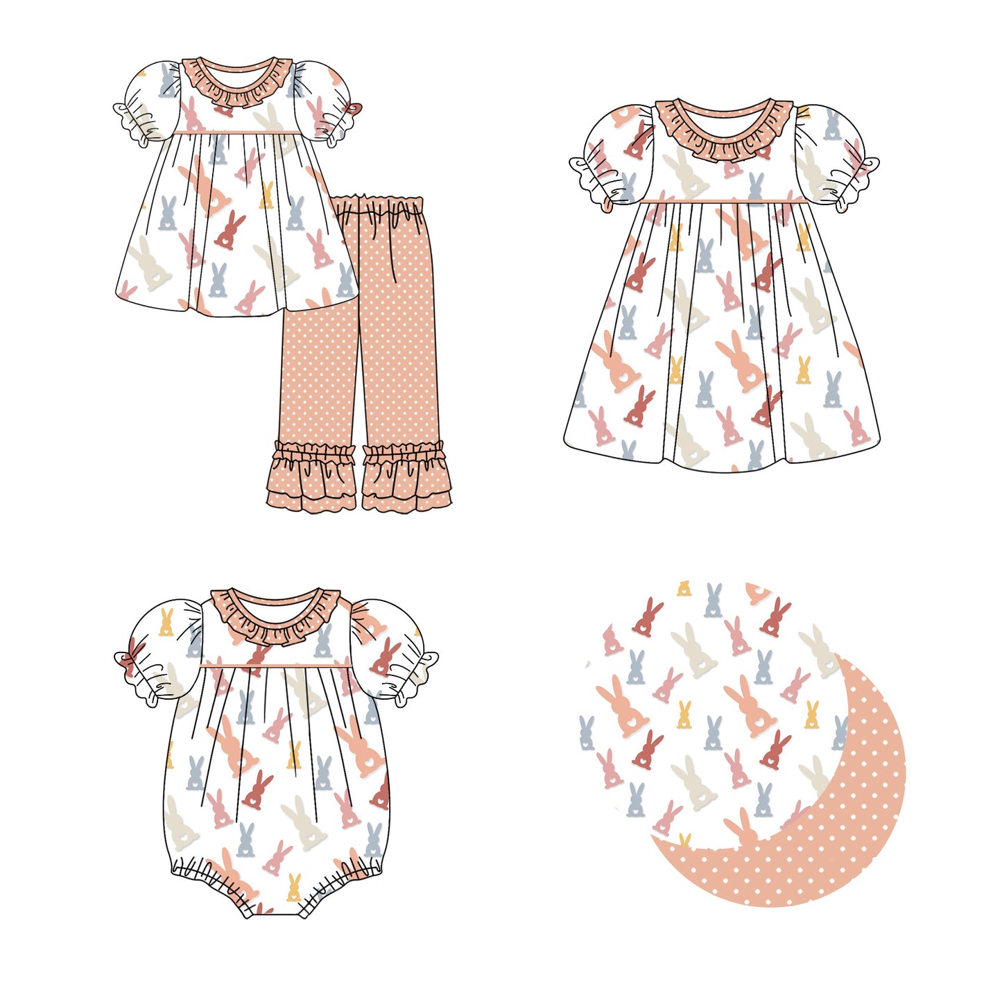 12.22 (Custom Design Preorder MOQ 5 Each Design) Bunny Dots Print Girls Easter Matching Clothes Sisters Wear