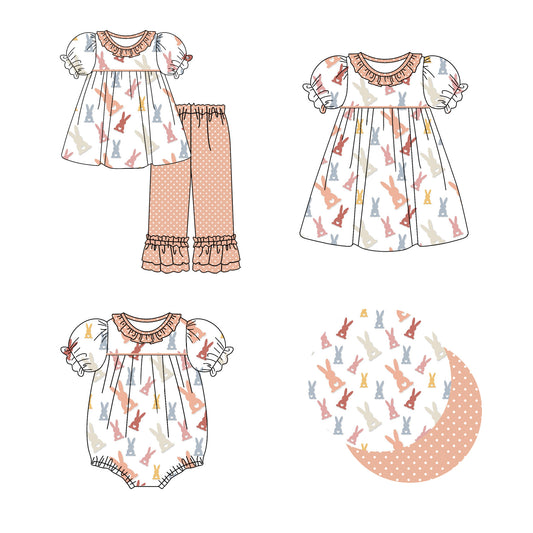 12.22 (Custom Design Preorder MOQ 5 Each Design) Bunny Dots Print Girls Easter Matching Clothes Sisters Wear