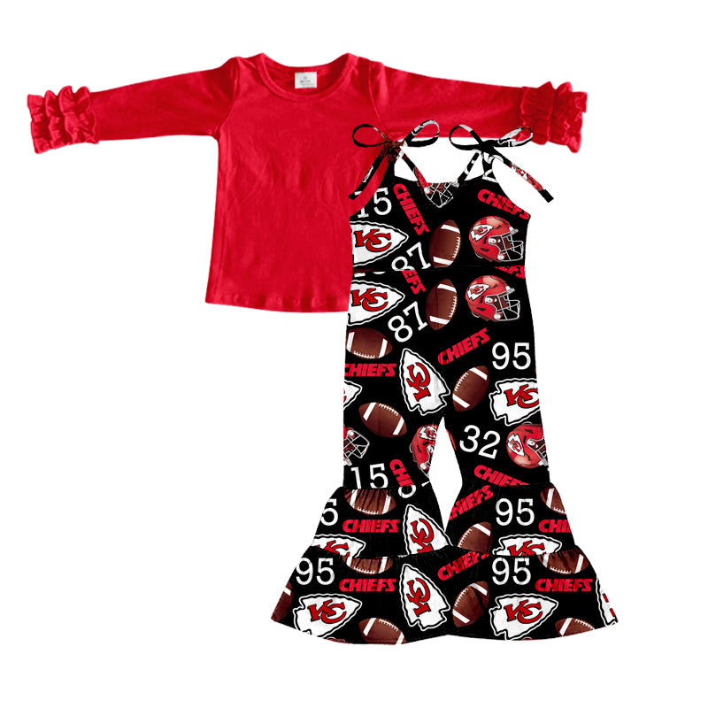 (Custom Design Preorder MOQ 5) Red Top Team's KC Black Jumpsuit Girls Fall Clothes Set