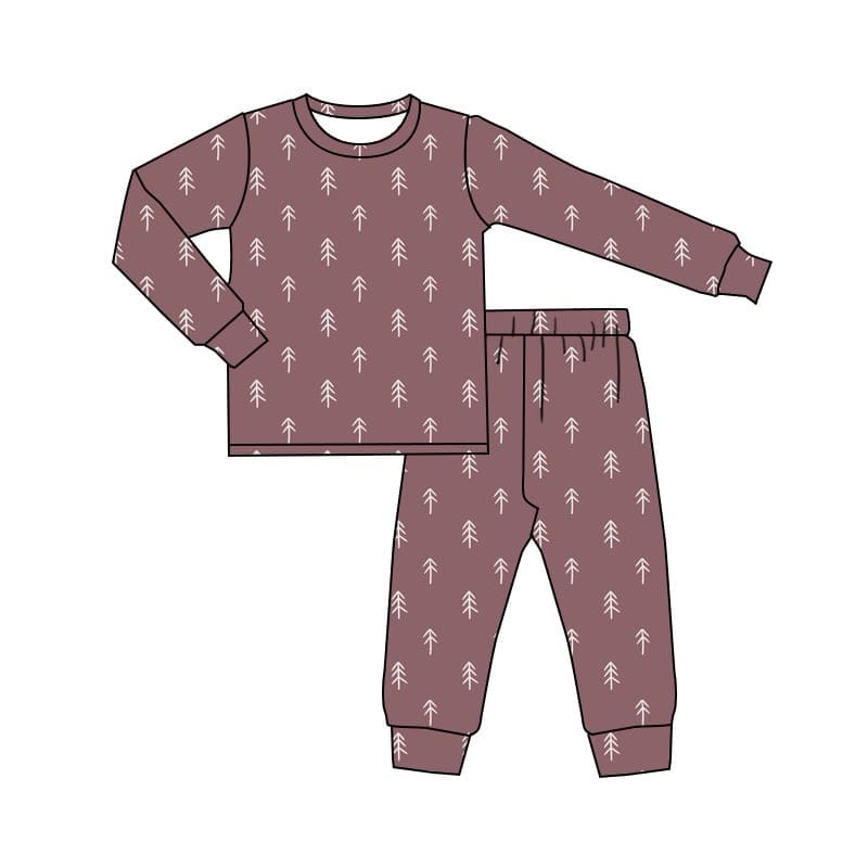 (Custom Design Preorder MOQ 5) Tree Wine Print Girls Christmas Bamboo Pajamas Clothes Set