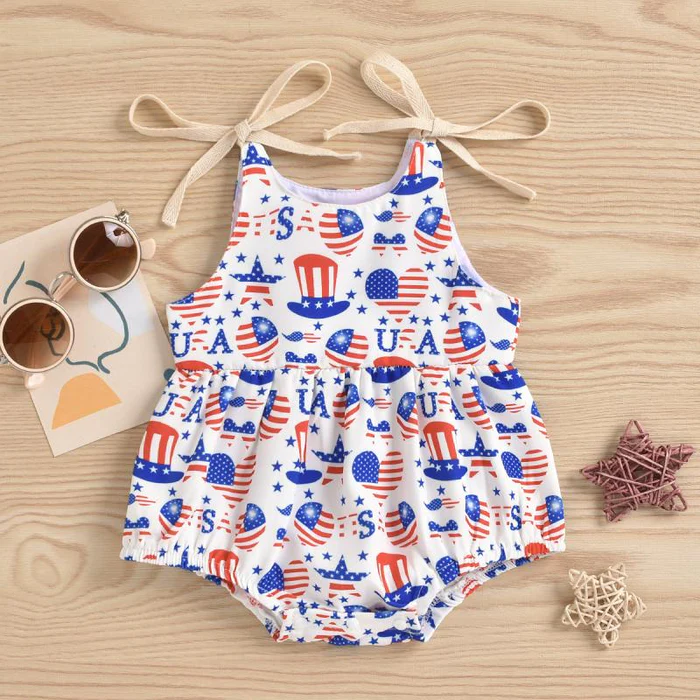 (Custom Design Preorder MOQ 5) Stars USA Print Baby Girls 4th of July Romper