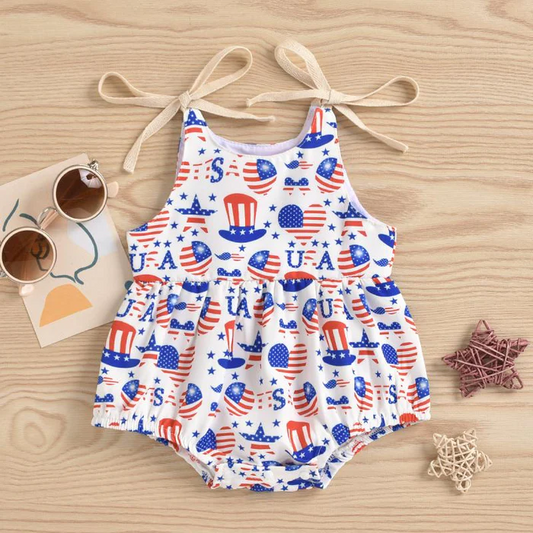 (Custom Design Preorder MOQ 5) Stars USA Print Baby Girls 4th of July Romper