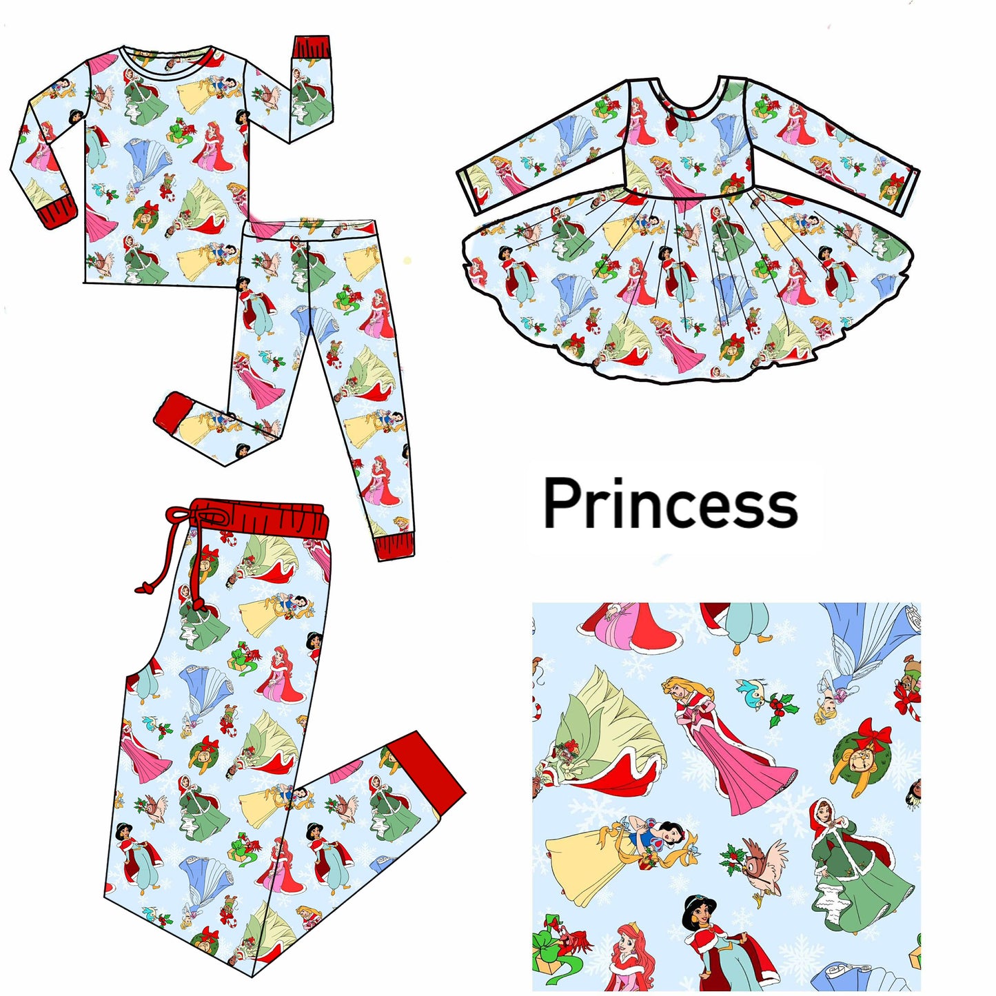 (Custom Design Preorder MOQ 5 Each Item) Cartoon Princess Print Family Christmas Matching Clothes