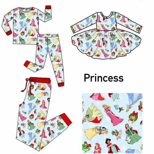 (Custom Design Preorder MOQ 5 Each Item) Cartoon Princess Print Family Christmas Matching Clothes