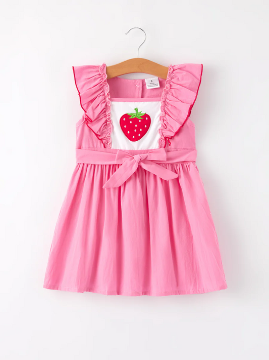 (Custom Design Preorder MOQ 5) Strawberry Pink Girls Knee Length Dress