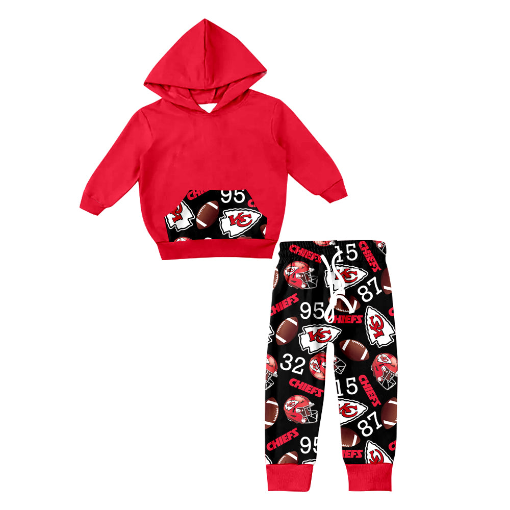 (Custom Design Preorder MOQ 5) Red Hoodie Pockets Top Team's KC Black Pants Kids Fall Clothes Set