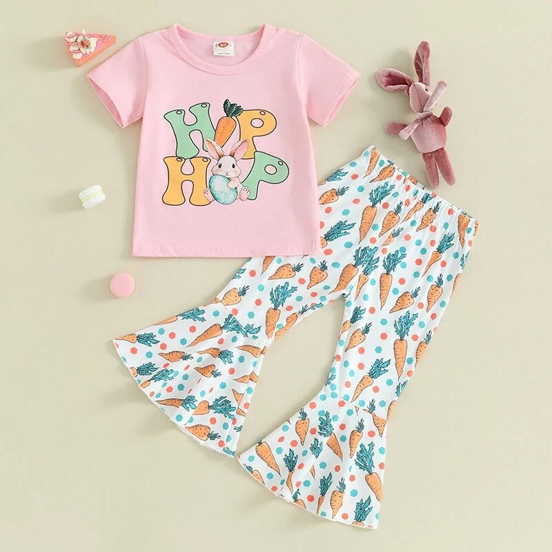 (Custom Design Preorder MOQ 5) HOP HOP Bunny Pink Top Carrot Bell Pants Girls Easter Clothes Set