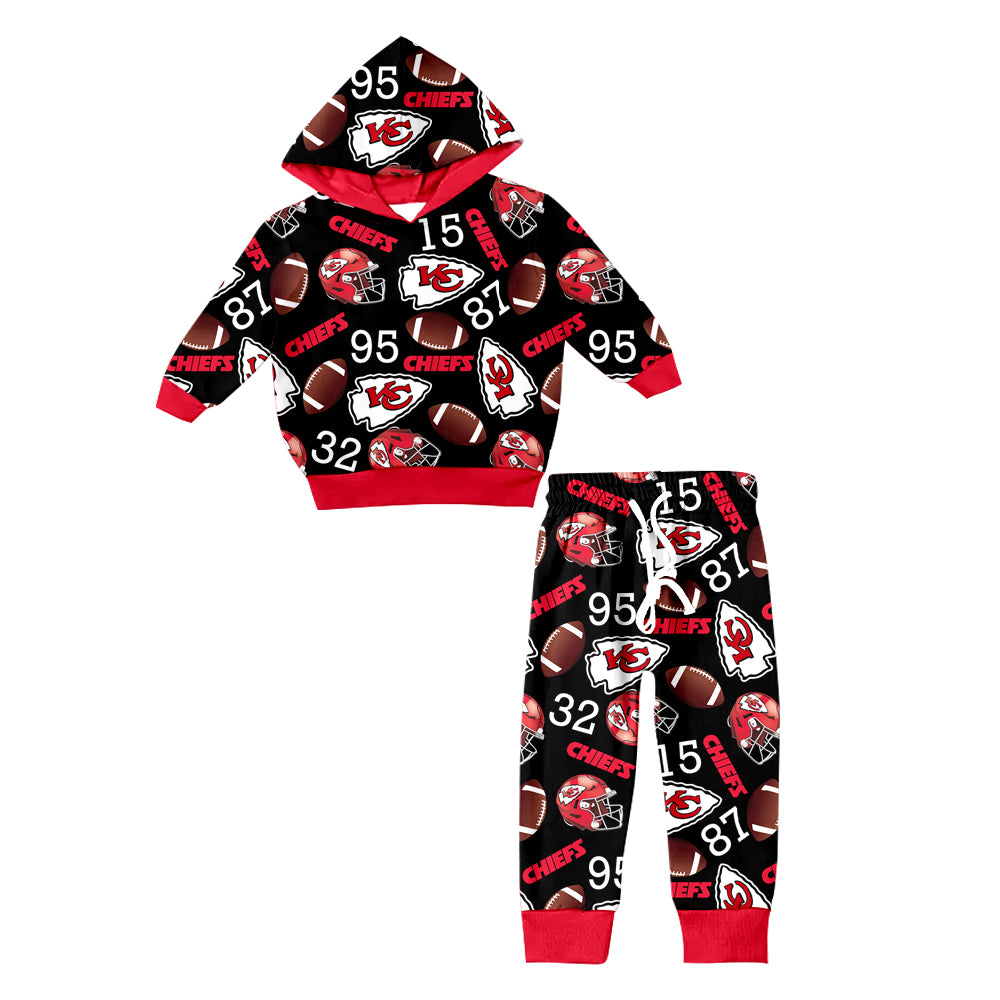 (Custom Design Preorder MOQ 5) Team's KC Black Print Pockets Pants Kids Fall Hoodie Clothes Set