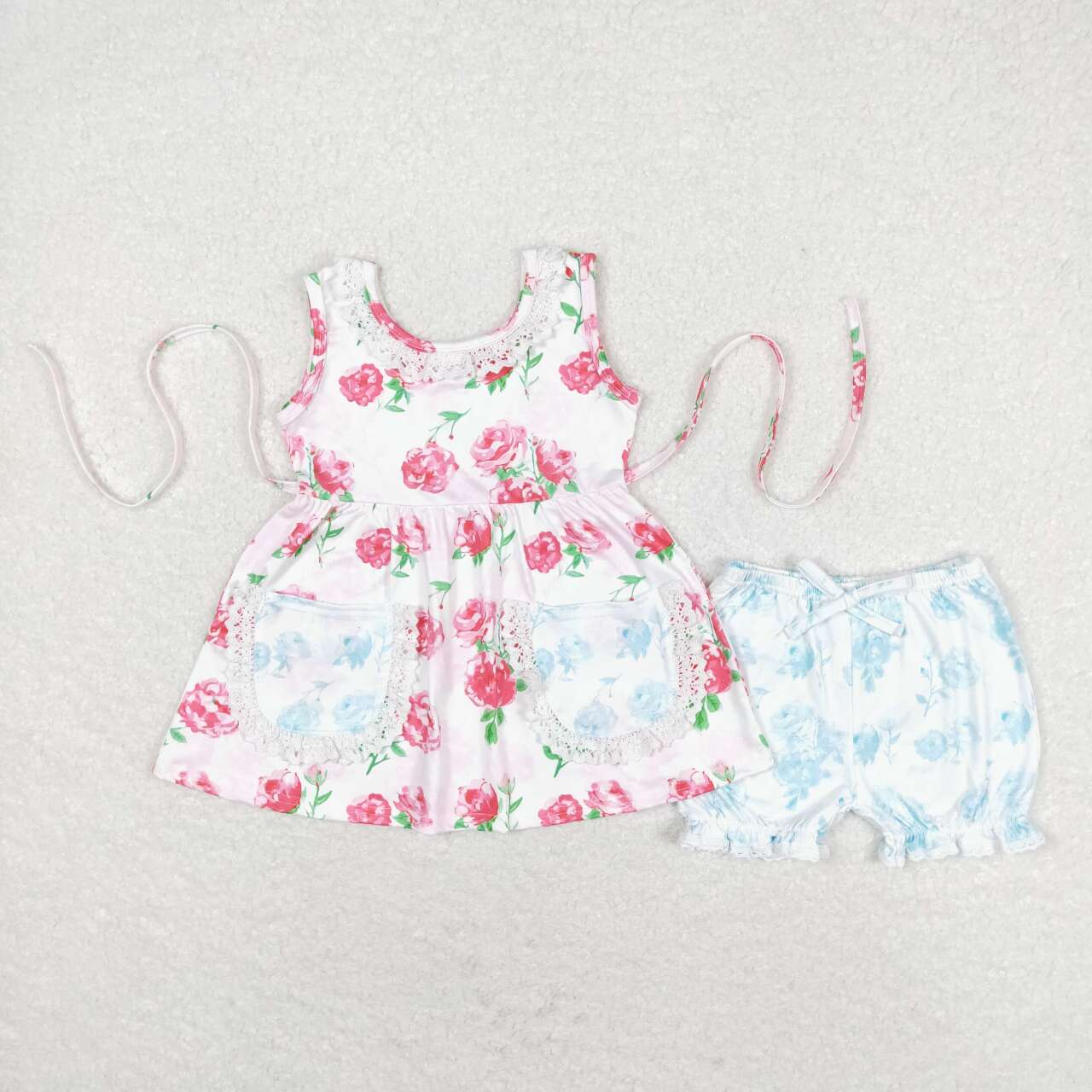 Flowers Print Pockets Girls Summer Clothes Set Sisters Wear