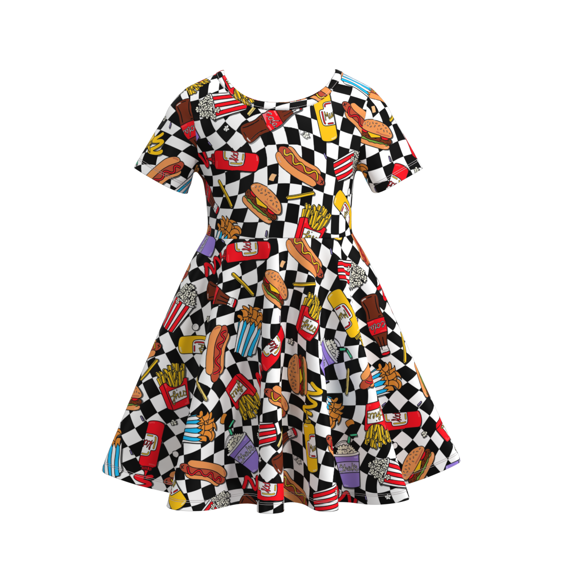 (Custom Design Preorder MOQ 5) Checkered Chips Hamburger Print Girls Knee Length Summer Dress