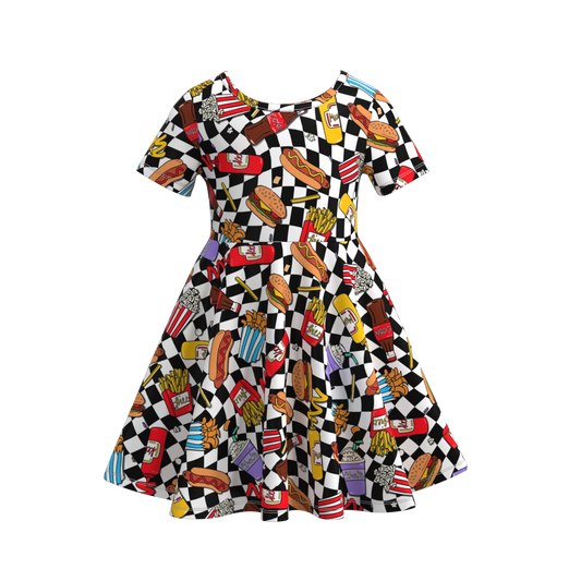 (Custom Design Preorder MOQ 5) Checkered Chips Hamburger Print Girls Knee Length Summer Dress