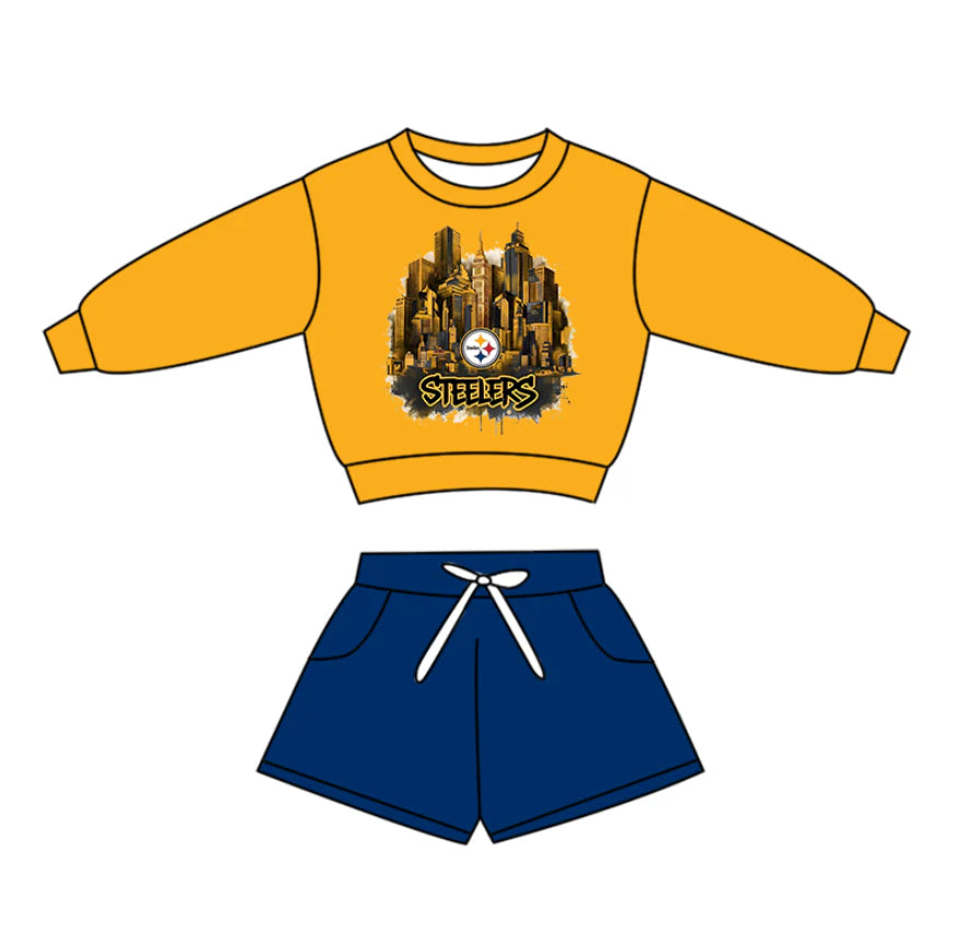 (Custom Design Preorder MOQ 5) Team's Steelers Top Blue Shorts Boys Clothes Set