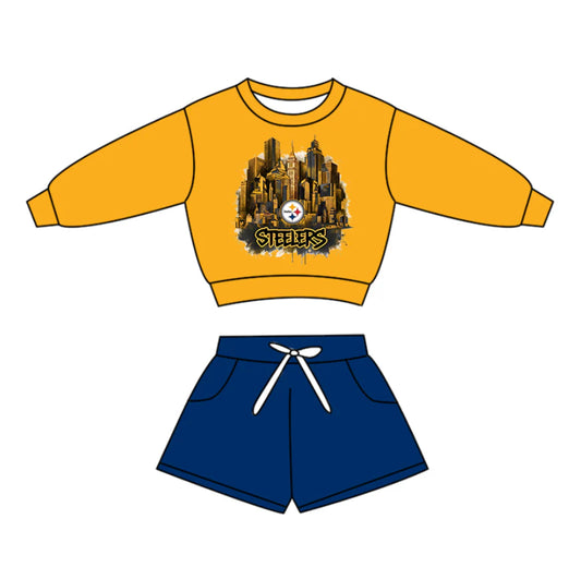 (Custom Design Preorder MOQ 5) Team's Steelers Top Blue Shorts Boys Clothes Set