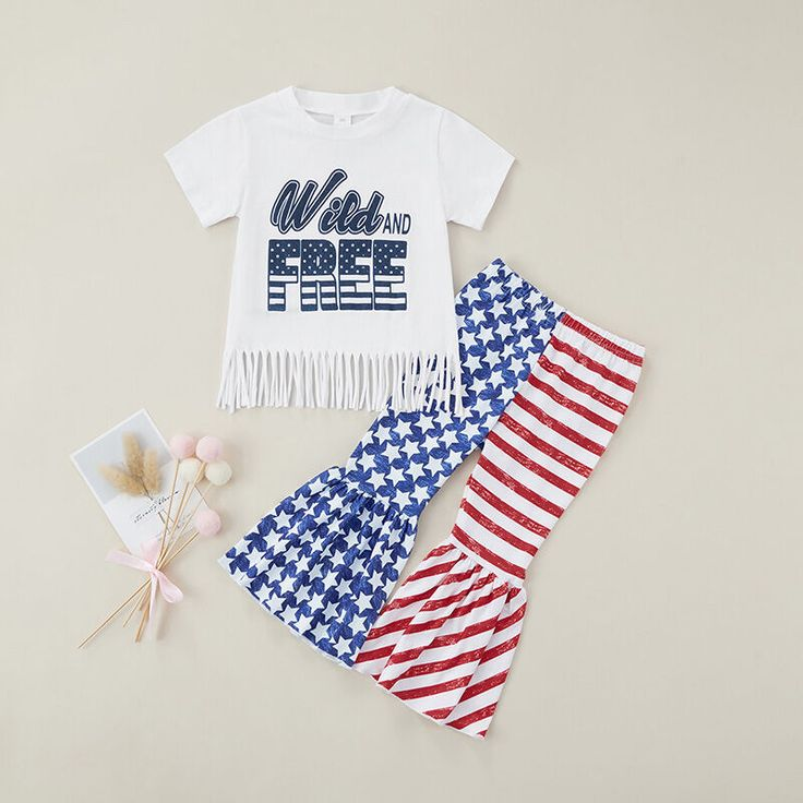 (Custom Design Preorder MOQ 5)  Wild and Free Tassel Top Stars Stripes Bell Pants Girls 4th of July Clothes Set