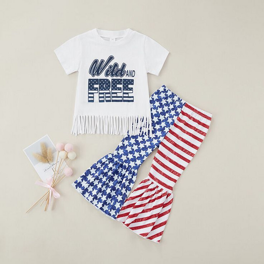 (Custom Design Preorder MOQ 5)  Wild and Free Tassel Top Stars Stripes Bell Pants Girls 4th of July Clothes Set