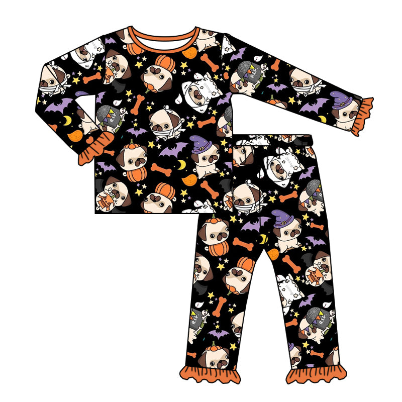 (Custom Design Preorder MOQ 5)  Dog Pumpkin Print Girls Halloween Bamboo Pajamas Clothes Set