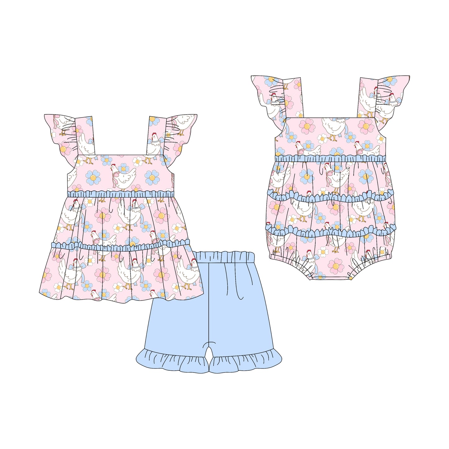 3.7(Custom Design Preorder MOQ 5 Each Design) Chicken Flowers Print Girls Summer Matching Clothes Sisters Wear