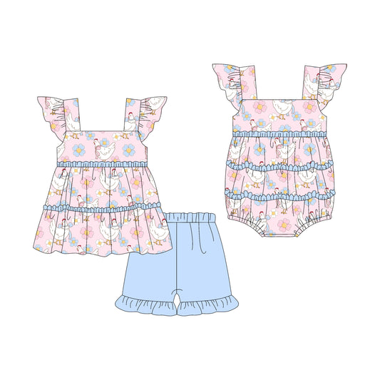 3.7(Custom Design Preorder MOQ 5 Each Design) Chicken Flowers Print Girls Summer Matching Clothes Sisters Wear