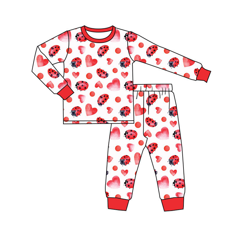 (Custom Design Preorder MOQ 5) Ladybird Heart Print Girls Valentine's Day Bamboo Pajamas Clothes Set