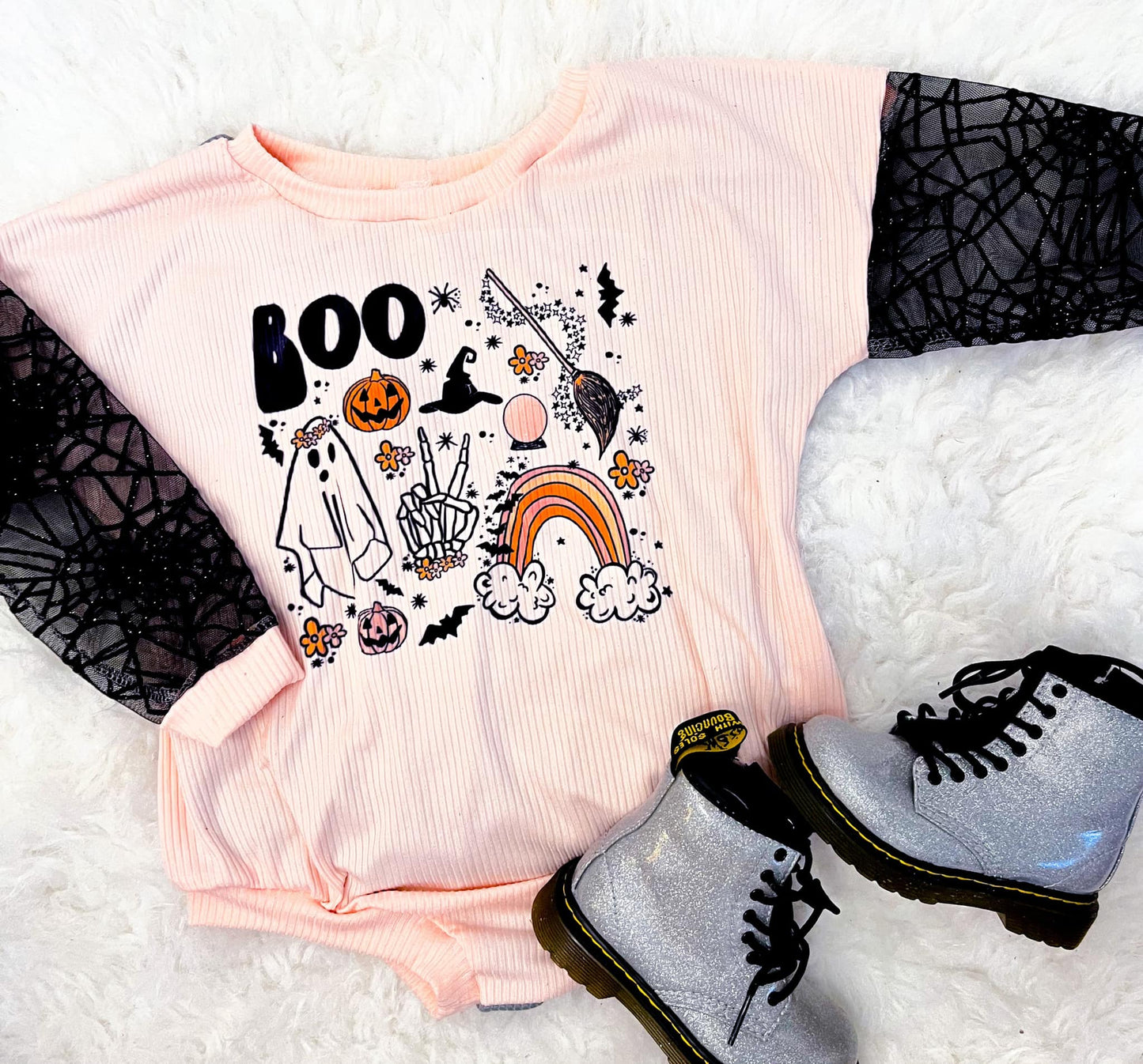 (Custom Design Preorder MOQ 5) Boo Ghost Rainbow Print Baby Girls Halloween Romper