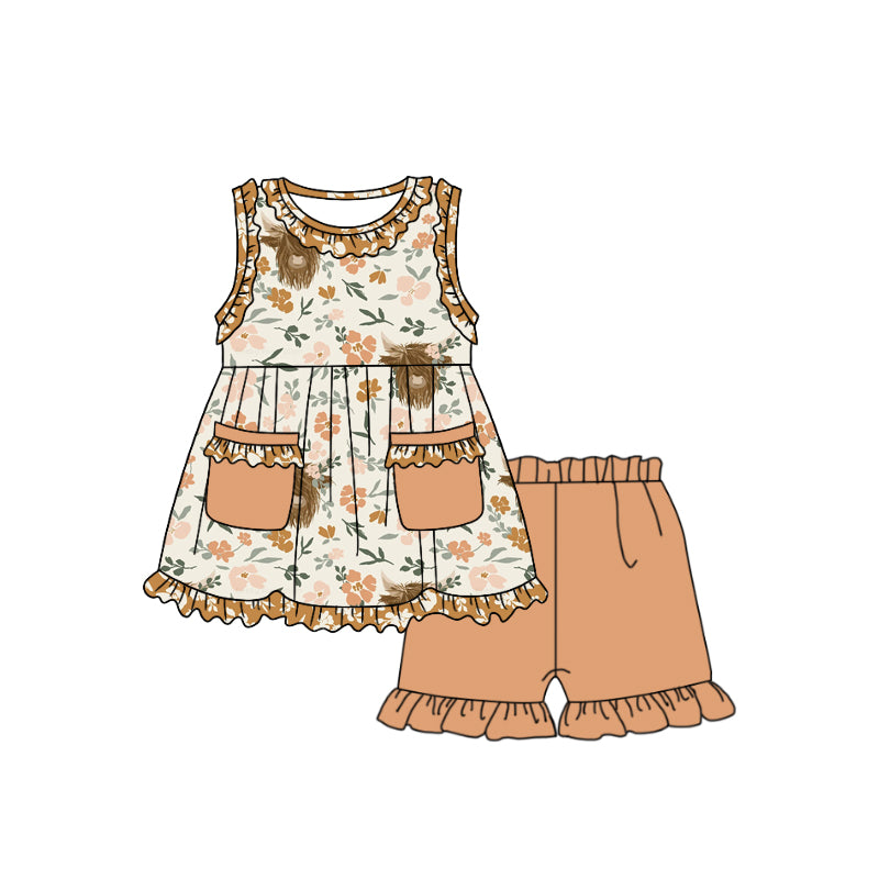 (Custom Design Preorder MOQ 5) Brown Flowers Highland Cow Print Girls Summer Clothes Set