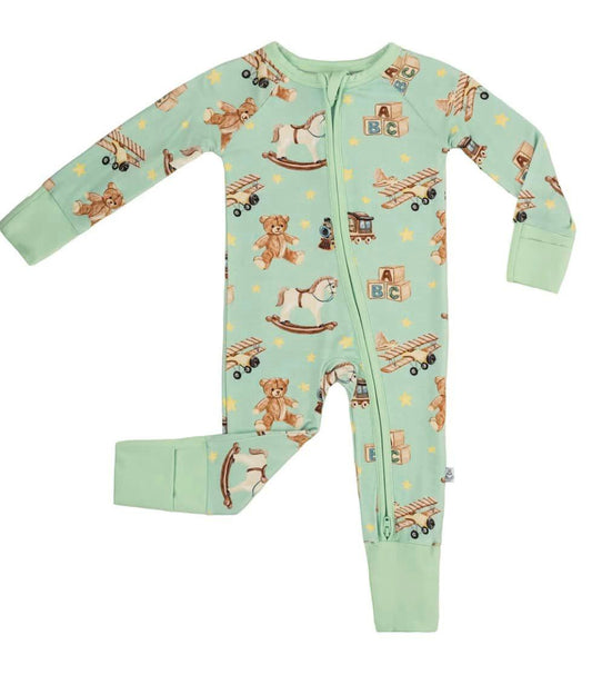 (Custom Design Preorder MOQ 5) Toys Green Print Baby Girls Zipper Romper