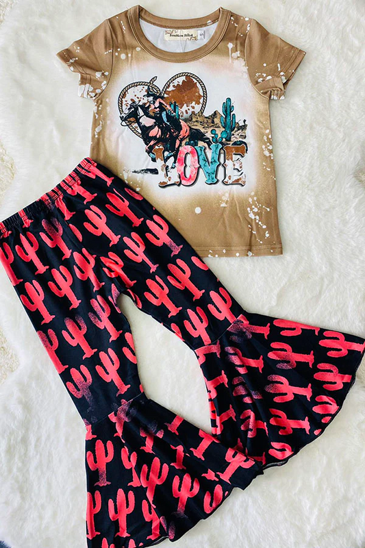 (Custom Design Preorder MOQ 5) Cowgirl LOVE Cactus Top Bell Pants Girls Western Clothes Set