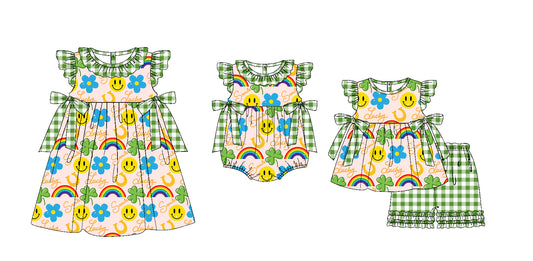 11.20(Custom Design Preorder MOQ 5 Each Design) Luck Smiling Face Leaf Print Girls St. Patrick's Day Matching Clothes Sisters Wear