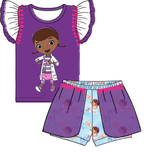 (Custom Design Preorder MOQ 5) Cartoon Doctor Print Girls Summer Clothes Set