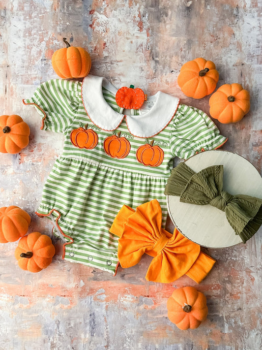 (Custom Design Preorder MOQ 5) Pumpkin Green Stripes Print Baby Girls Fall Romper