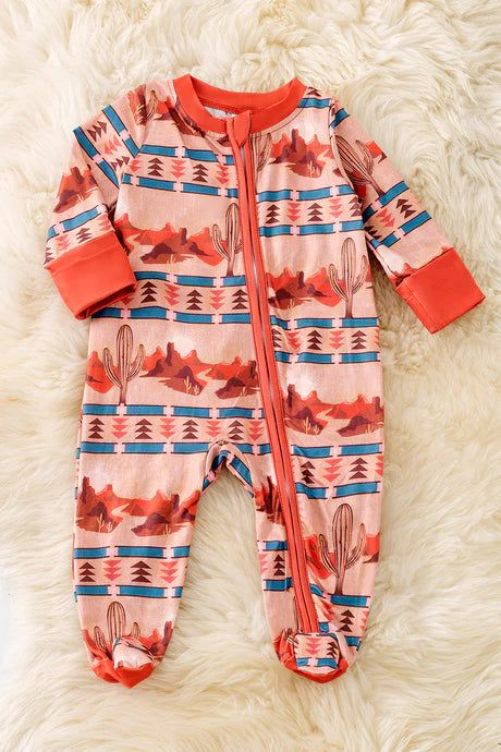 (Custom Design Preorder MOQ 5) Cactus Aztec Print Baby Fall Sleeper Zipper Romper