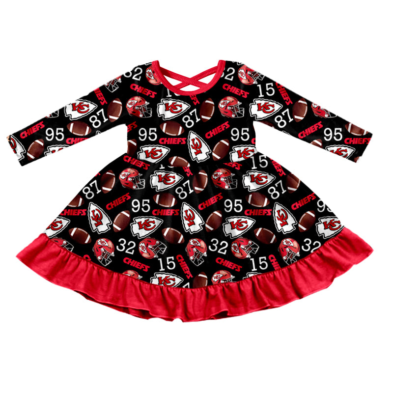 (Custom Design Preorder MOQ 5)  Team's KC Black Print Girls Fall Knee Length Ruffle Dress