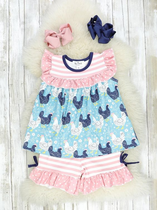 (Custom Design Preorder MOQ 5) Chicken Top Pink Stripes Shorts Girls Summer Clothes Set