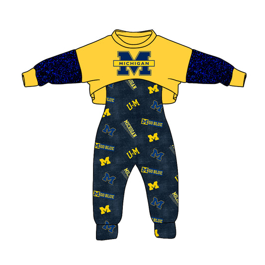 (Custom Design MOQ 5)  NO.14 Yellow Football Team's Print Girls Jumpsuits Clothes Set