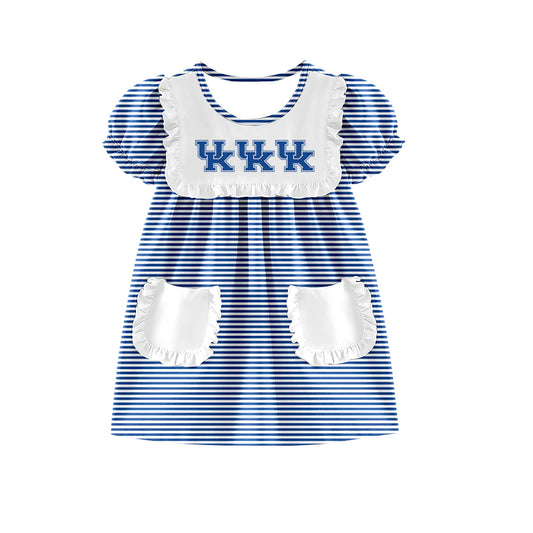 (Custom Design Preorder MOQ 5) Team's Kentucky Stripes Print Pockets Girls Summer Knee Length Dress