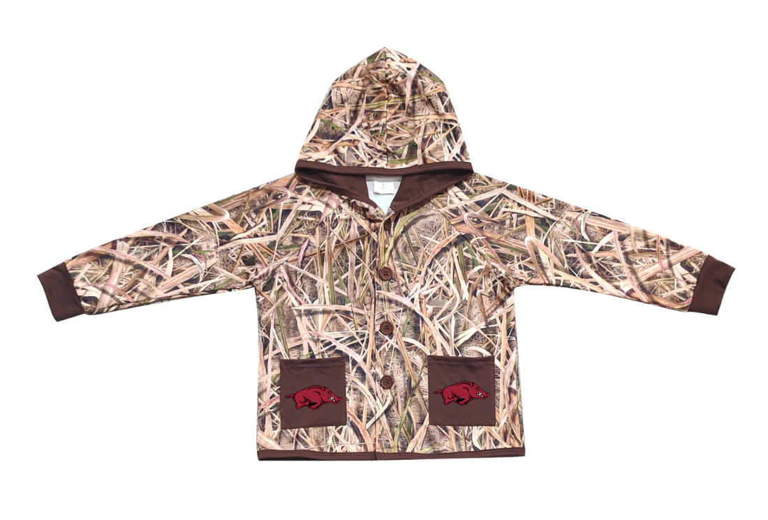 (Custom Design Preorder MOQ 5 Each Item) Team's Arkansas Grasses Camo Print Pockets Buttons Kids Fall Hoodie Jackets Top Mom and Me Matching Clothes