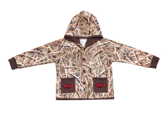 (Custom Design Preorder MOQ 5 Each Item) Team's Arkansas Grasses Camo Print Pockets Buttons Kids Fall Hoodie Jackets Top Mom and Me Matching Clothes