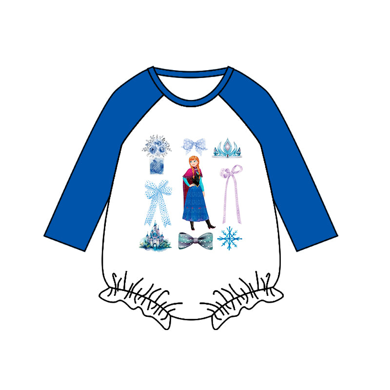 (Custom Design Preorder MOQ 5) Cartoon Princess Blue Print Baby Girls Romper