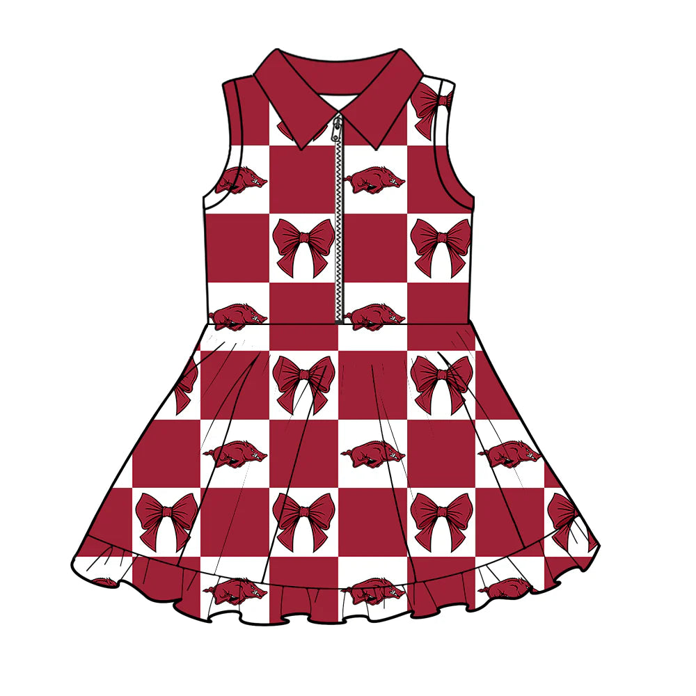 (Custom Design Preorder MOQ 5 Each Color) Team's Arkansas Bows Plaid Print Girls Summer Clothes Sisters Matching Wear