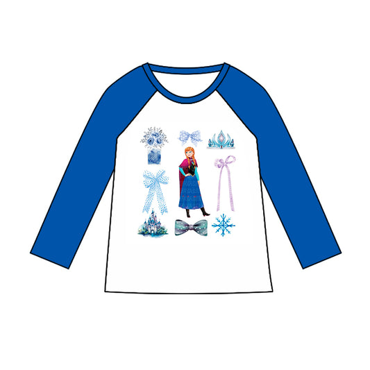 (Custom Design Preorder MOQ 5) Cartoon Princess Blue Print Girls Tee Shirts Top