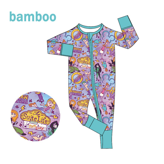 (Custom Design Preorder MOQ 20) Cartoon Character Print Baby Girls Long Sleeve Bamboo Sleeper Zipper Romper