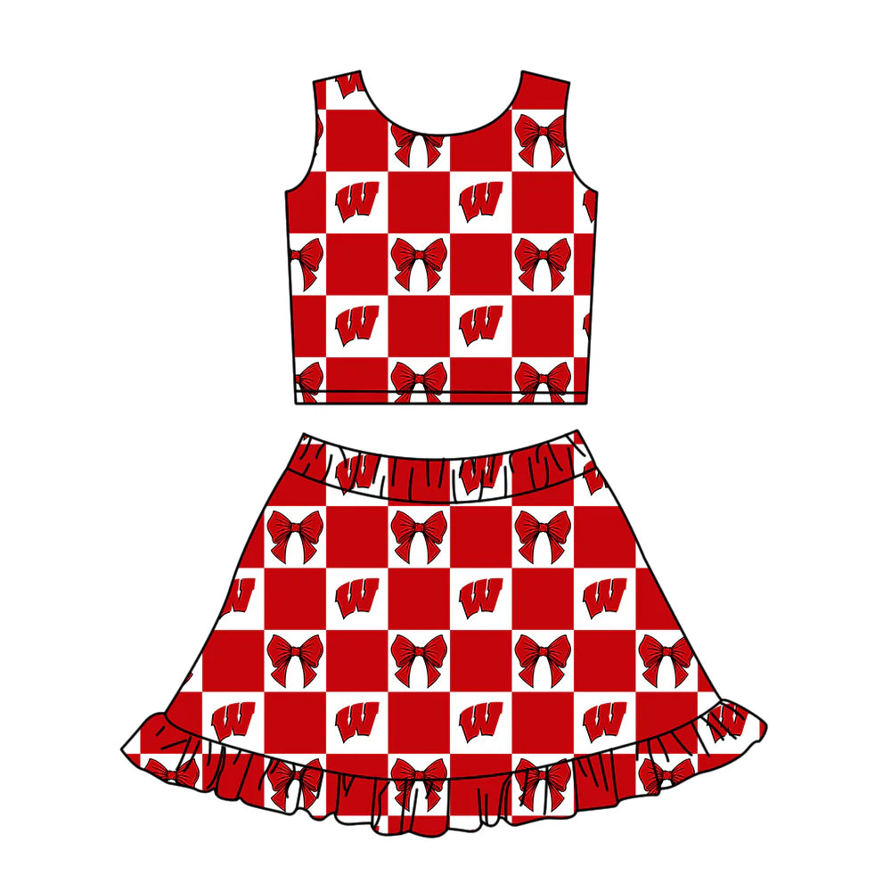 (Custom Design Preorder MOQ 5 Each Color) Team's Wisconsin Badgers Bows Plaid Print Girls Summer Clothes Sisters Matching Wear