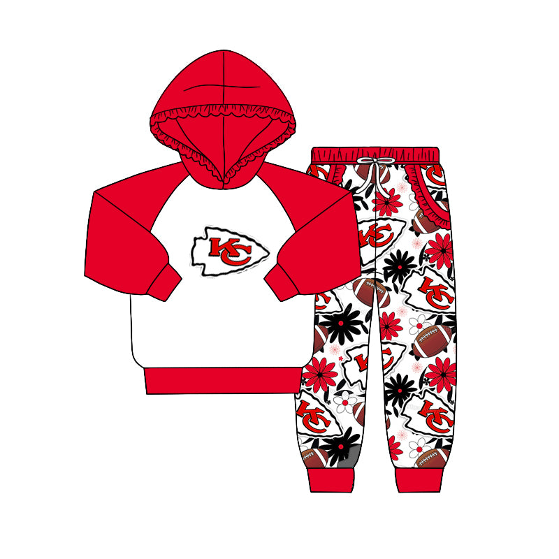 (Custom Design Preorder MOQ 5) Team's KC Red Hoodie Top Flowers Pockets Pants Girls Fall Clothes Set