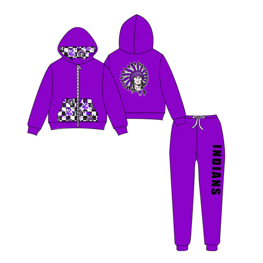 (Custom Design Preorder MOQ 5) Team's INDIANS Zipper Hoodie Top Purple Pants Kids Fall Clothes Set