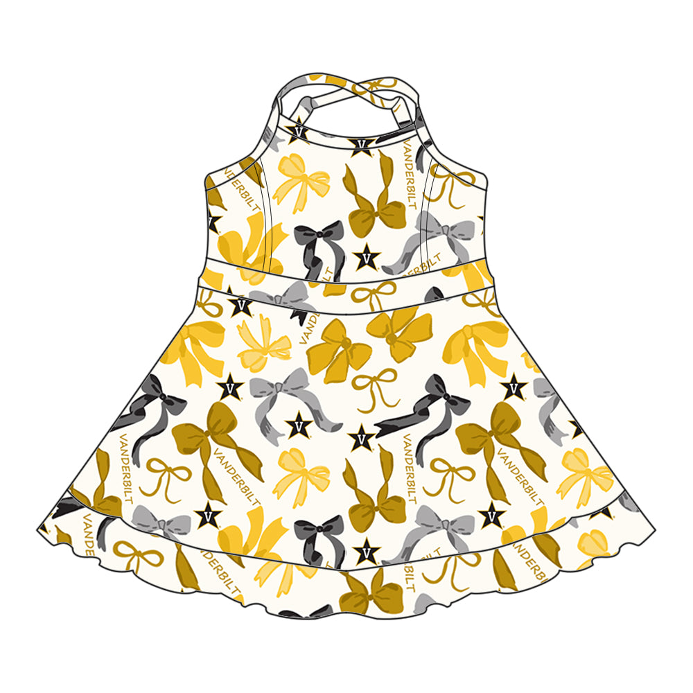 (Custom Design Preorder MOQ 5 Each Color) Team's VANDERBILT Bows Print Girls Summer Clothes Sisters Matching Wear