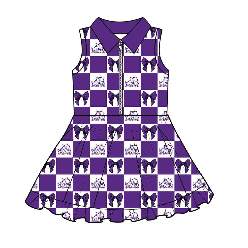 (Custom Design Preorder MOQ 5 Each Color) Team's TCU Horned Frogs Bows Plaid Print Girls Summer Clothes Sisters Matching Wear