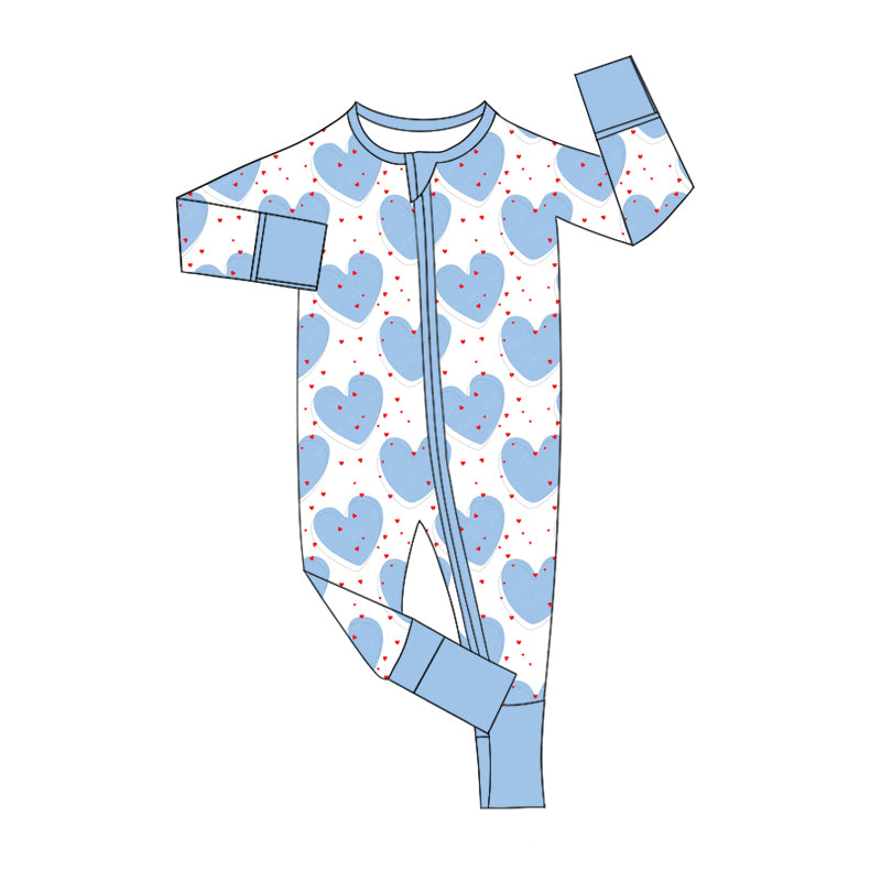 (Custom Design Preorder MOQ 5) Heart Blue Print Baby Boys Valentine's Day Bamboo Sleeper Zipper Romper