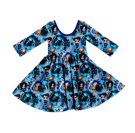 (Custom Design Preorder MOQ 5) Cartoon Coraline Blue Print Girls Knee Length Fall Dress