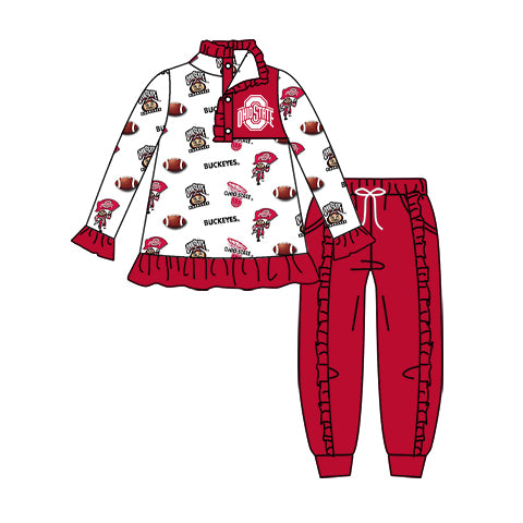 (Custom Design Preorder MOQ 5) Team's Print Ruffles Top Red Pants Girls Clothes Sets