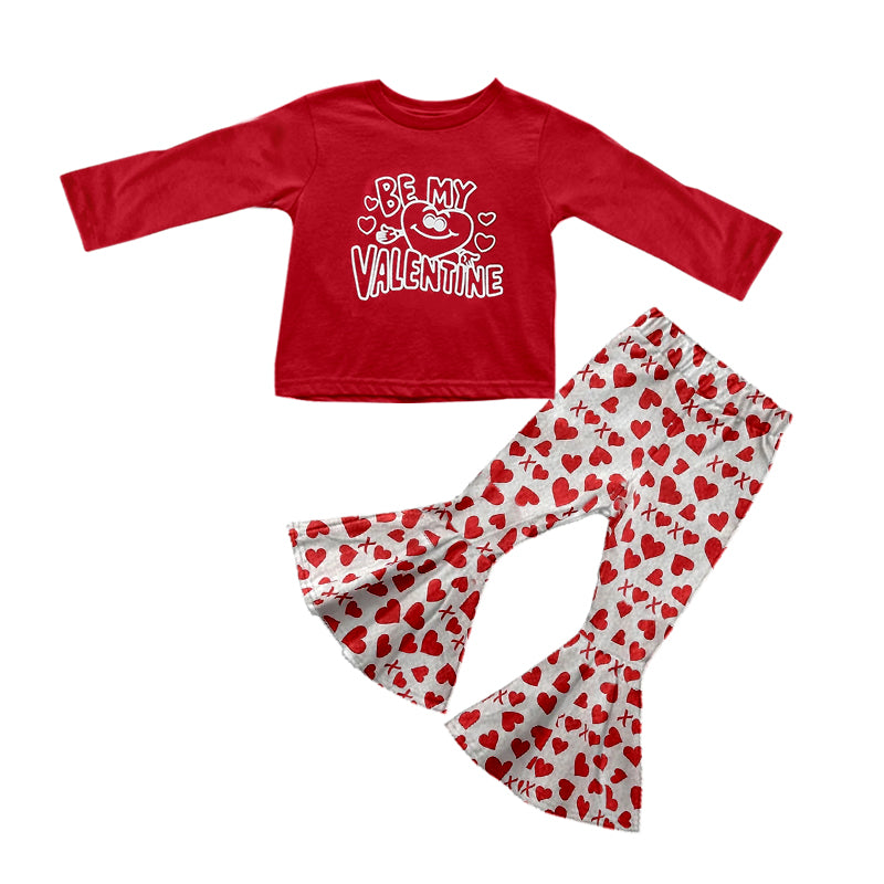 (Custom Design MOQ 5) Be My Valentine Heart Print Bell Pants Girls Clothes Set